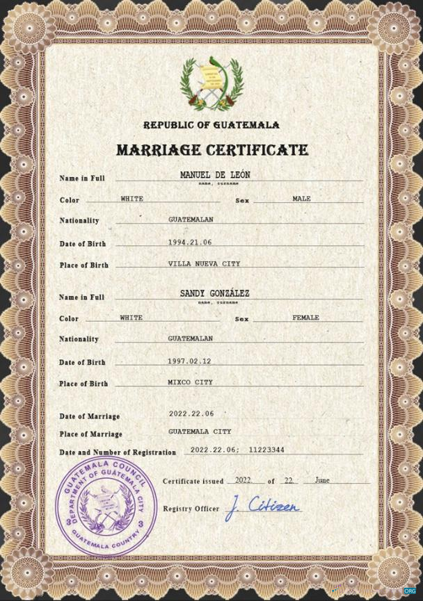 Download Guatemala marriage certificate PSD template Photoshop template